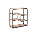 Moderne open boekenkast met houten planken en metalen frame.